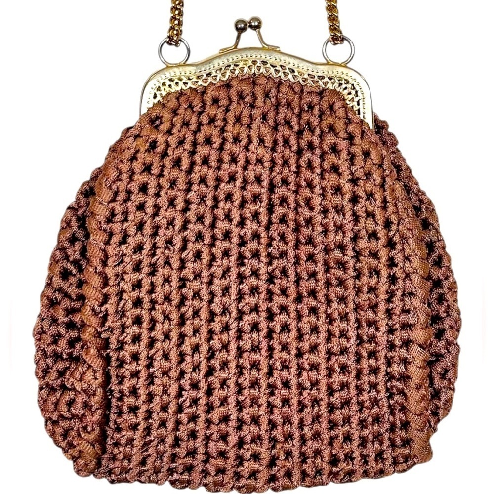 Vintage 60s Crocheted Handbag, Decorative Gold Frame & Chain, Kiss Clasp